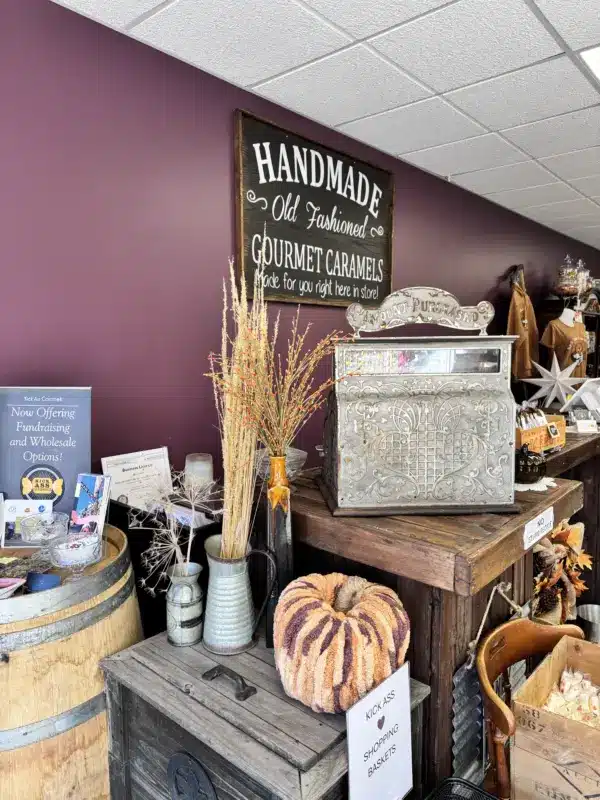 Handmade Old Fashioned Gourmet Caramels sign in the shop
