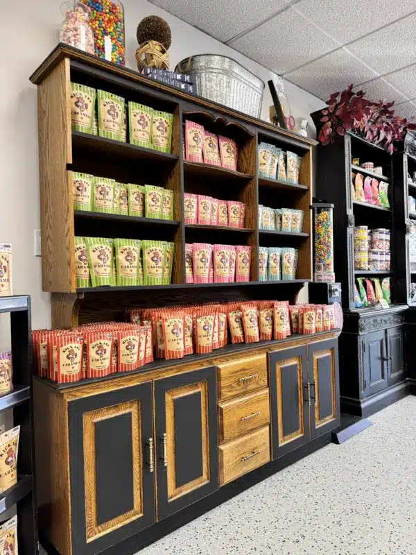 Shelves stocked with Kick Ass Caramels